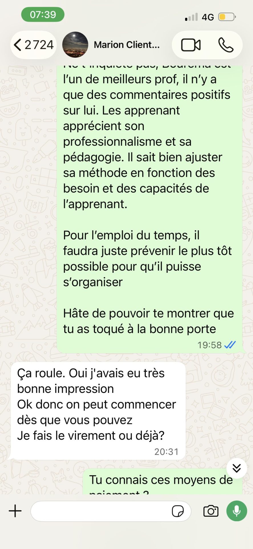 Conversation WhatsApp montrant la satisfaction d'un apprenant Bamacours