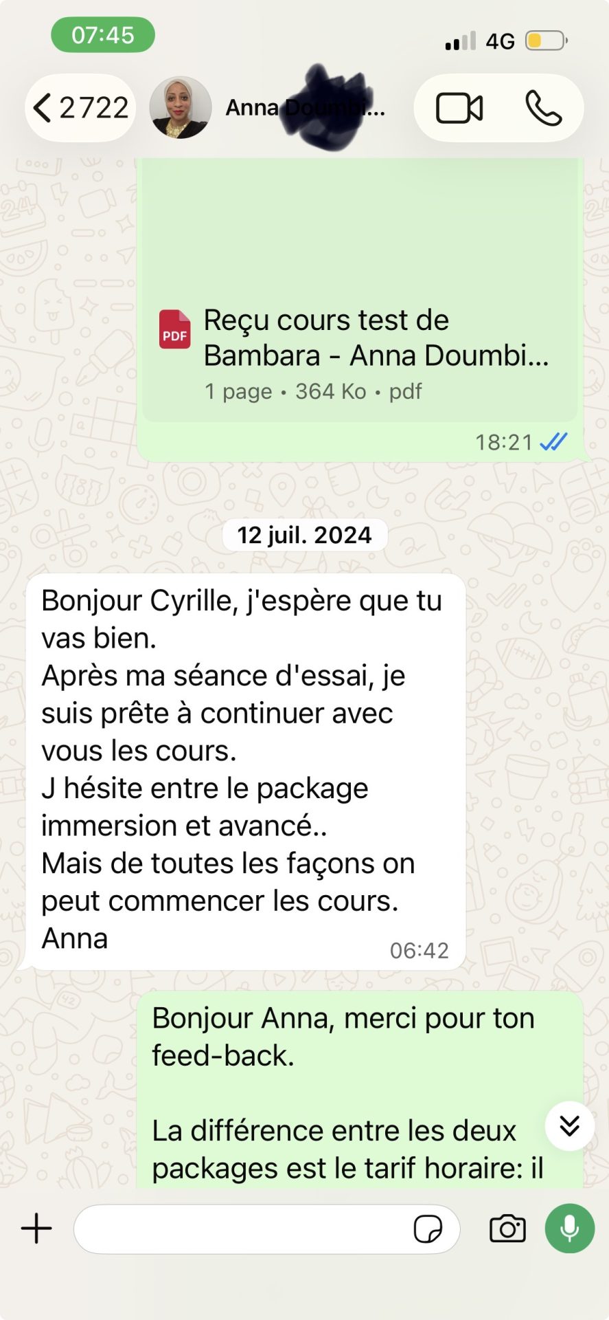 Message de remerciement d'une apprenante de bambara à son professeur