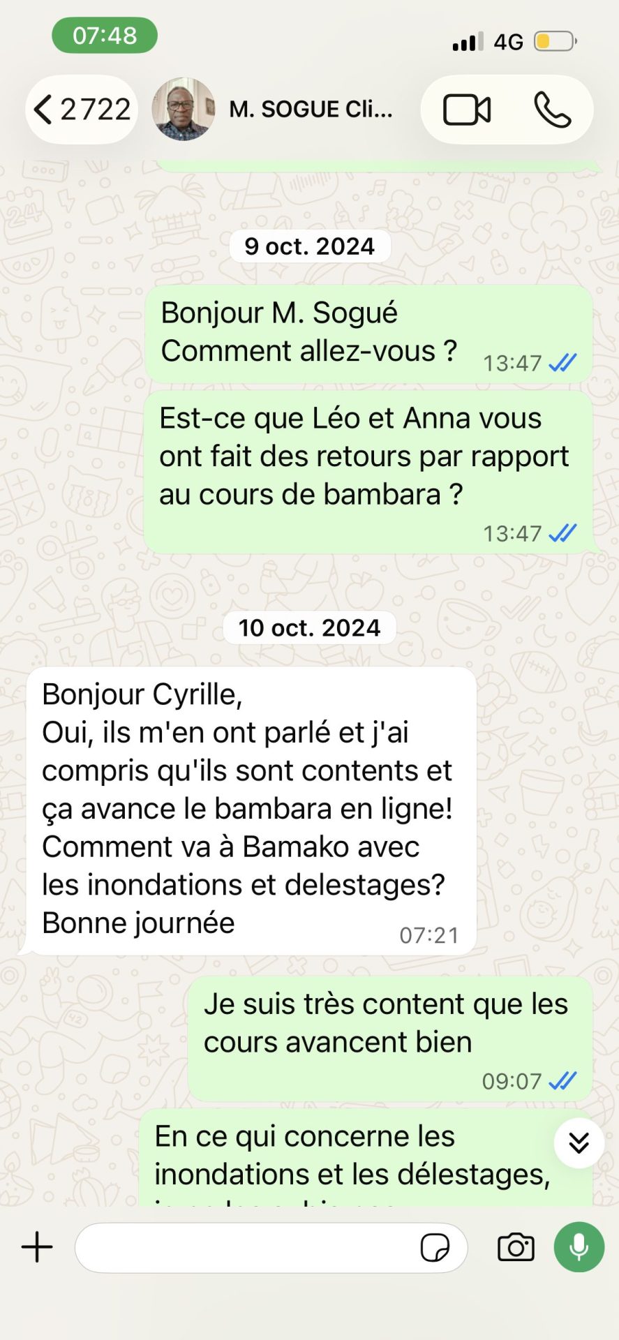 Message d'une apprenante de bambara après sa séance avec son professeur natif