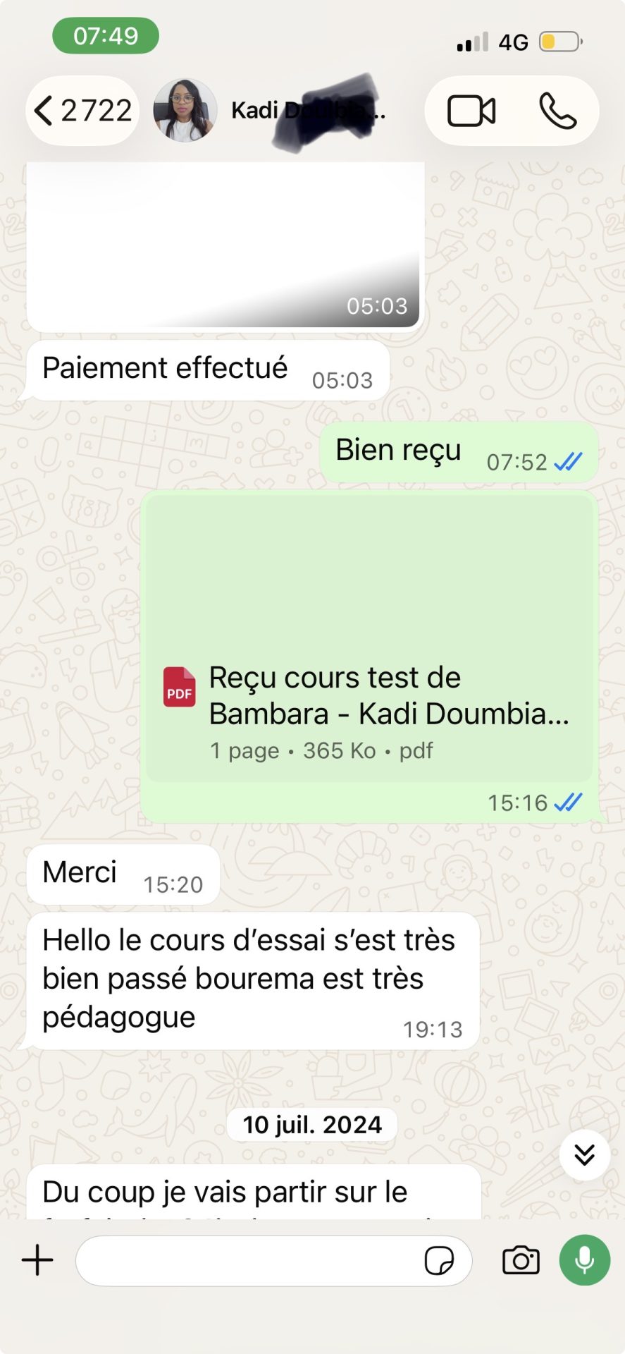 Témoignage WhatsApp d'un apprenant satisfait de son cours de bambara en ligne