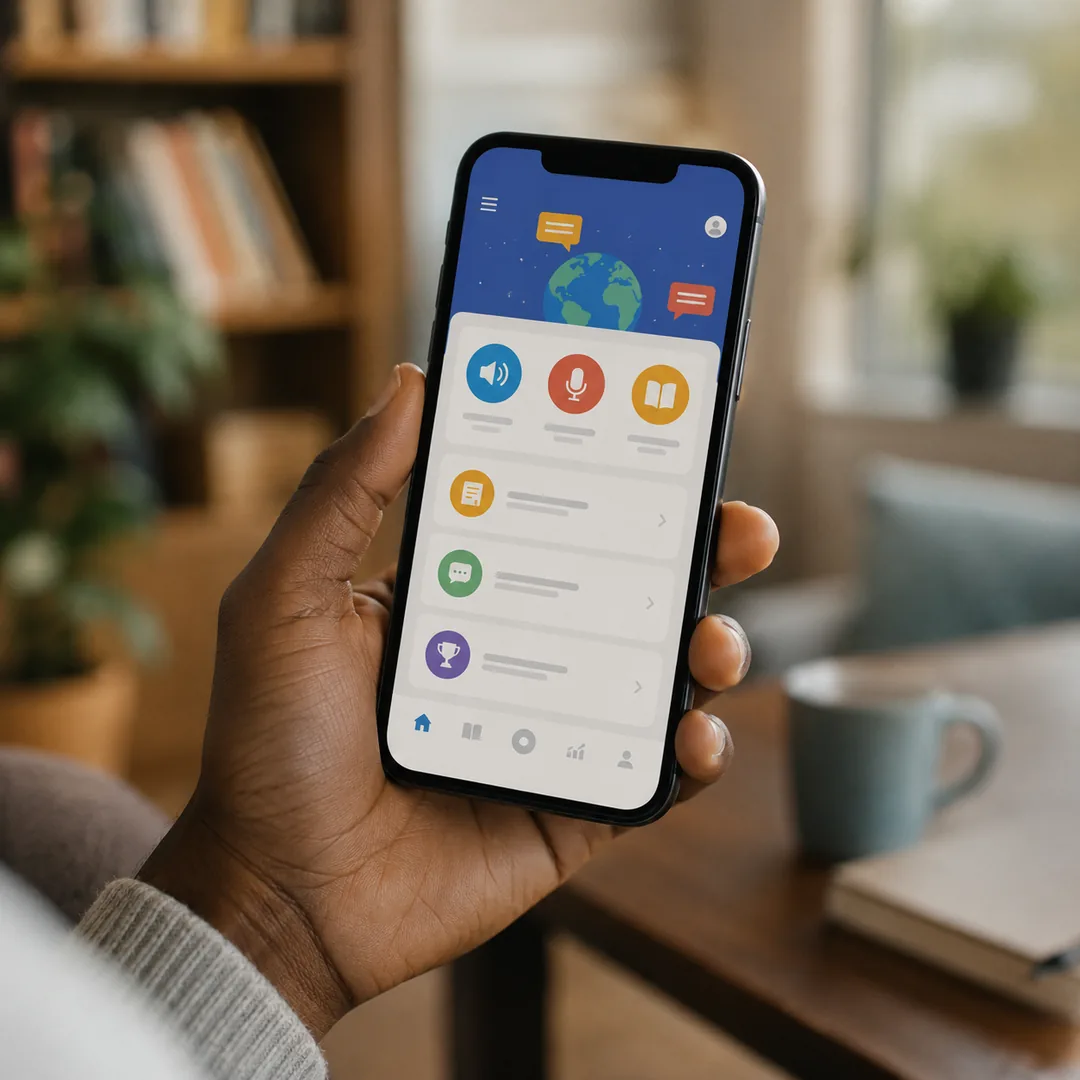 Smartphone affichant une application pour apprendre le bambara.