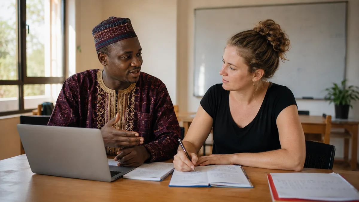 Professeur natif et élève en cours de bambara à Bamako.