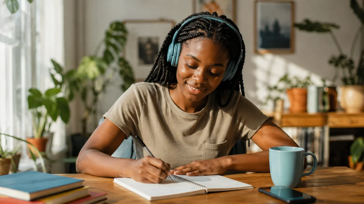 Débutant écrivant ses premiers mots de bambara dans un cahier.