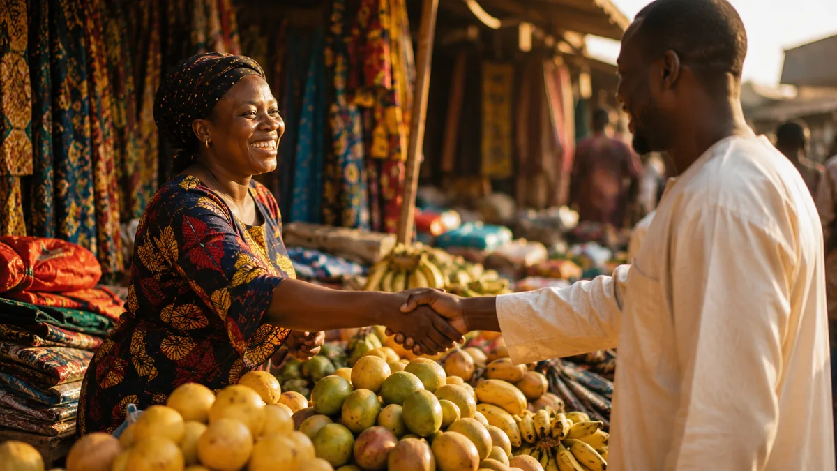 Vendeur et cliente échangeant des salutations en bambara au marché de Bamako.