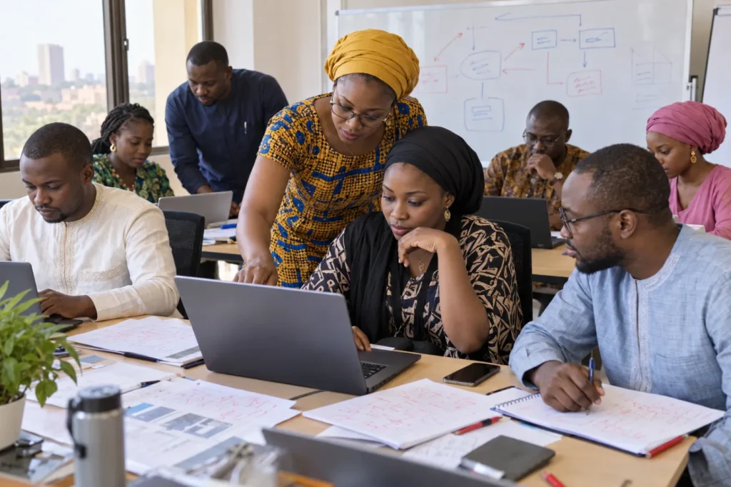 Formatrice de Bamacours qui corrige un écrit professionnel avec une salariée pendant un atelier de rédaction à Bamako