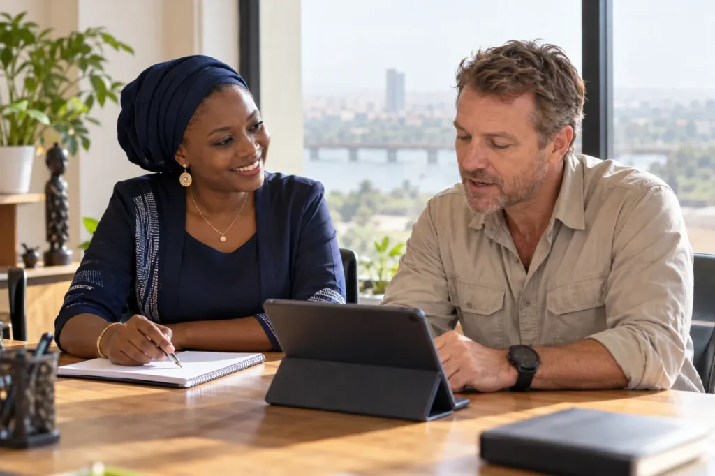 Bamacours French teacher giving a one-to-one lesson to an expatriate engineer in a Bamako office
