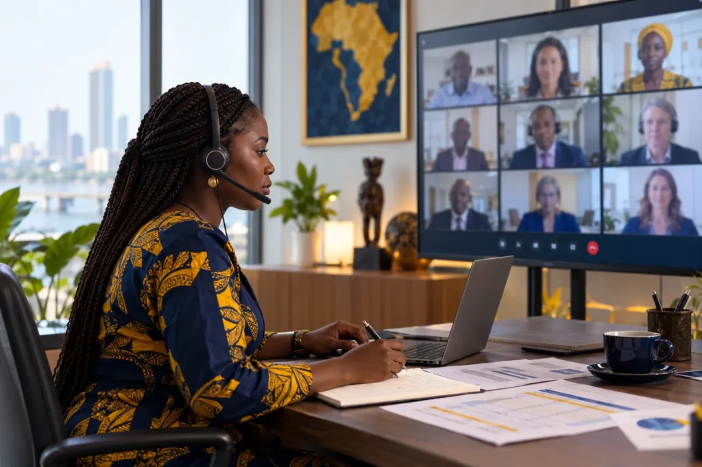 French-speaking minute taker with a headset taking notes during a video country call