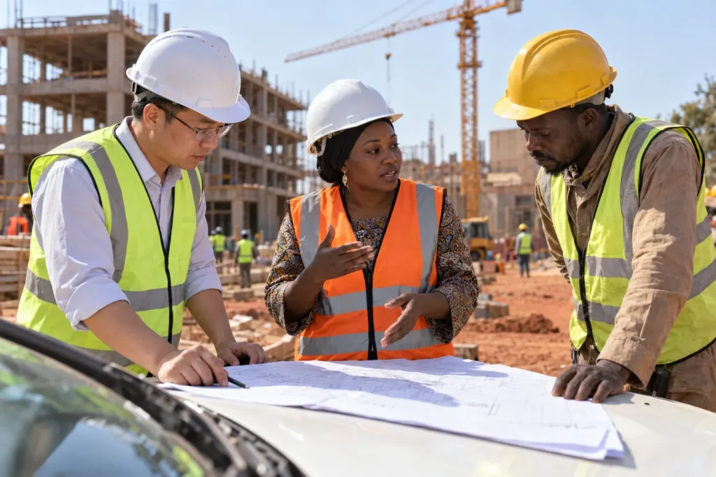 Interprète malienne en casque de chantier traduisant entre un ingénieur chinois et un chef de chantier malien devant des plans, sur un chantier à Bamako