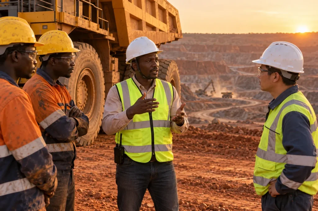 Interprète malien en gilet haute visibilité traduisant une consigne de sécurité entre un superviseur chinois et des opérateurs maliens sur une mine à ciel ouvert
