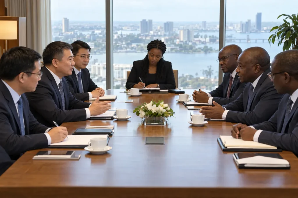 Négociation entre une délégation chinoise et des dirigeants africains autour d'une table, dossiers ouverts