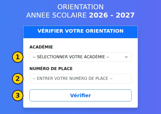 Formulaire de vérification de l'orientation du DEF 2026 sur porteduc.ml : académie, numéro de place, Vérifier