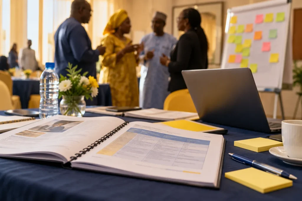 Rapport d'atelier imprimé ouvert sur la matrice d'actions, à côté d'un ordinateur portable et de post-it