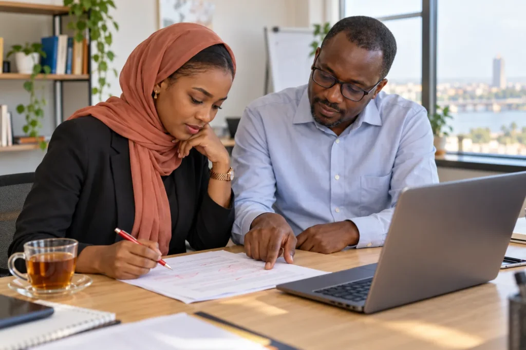 Cadre malienne qui corrige un rapport avec sa formatrice de français à Bamako